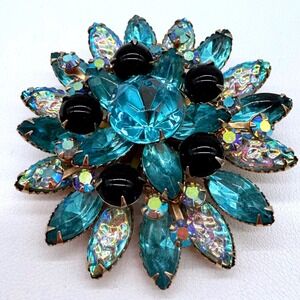 Vintage Aqua Rhinestone Starburst Brooch Black Cabochon AB Navette